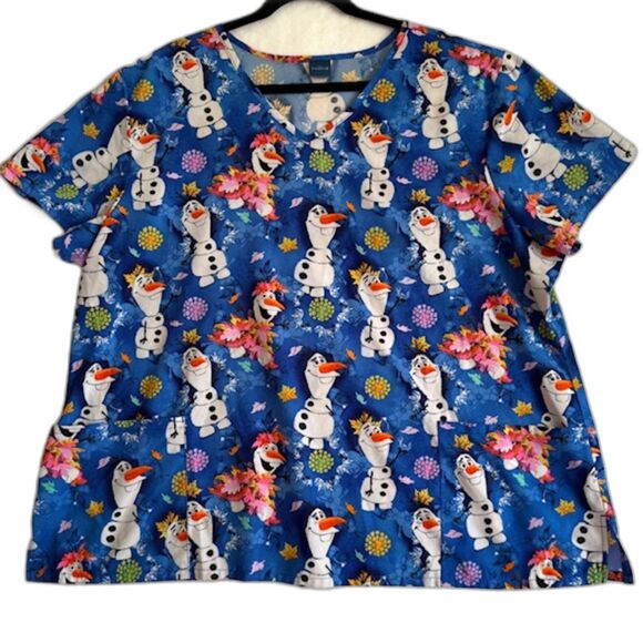 Disney Frozen Women’s 3XL SS Blue Olaf Print Scrub Top V-Neck Holiday Xmas Snow - Picture 2 of 7